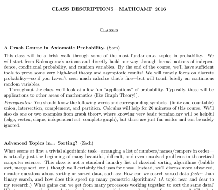 An image of the blurbs describing 2016 Classes