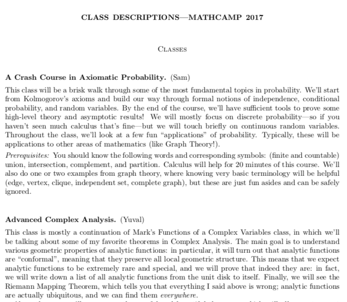 An image of the blurbs describing 2017 Classes