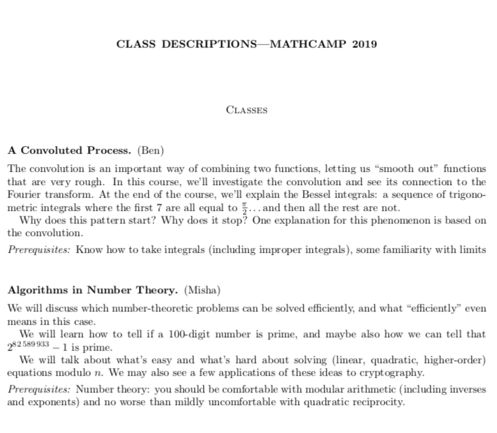 An image of the blurbs describing 2019 Classes